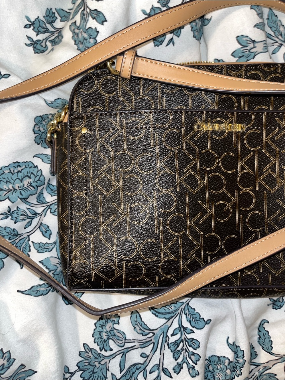 Calvin Klein Dark Brown Monogram Crossbody with Tan Strap